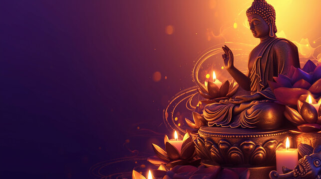 buddha statue on a dark purple background, with copy space for text. Asian culture concept. For Guru Purnima