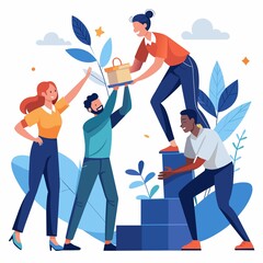Happy young employees giving support and help each other flat illustration