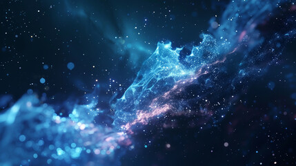 The image is showing a blue and purple nebula in outer space with stars scattered around.