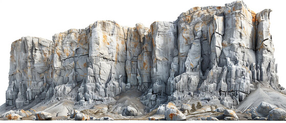 An immersive depiction of a towering mountain cliff against a pristine white background, capturing the rugged texture and grandeur of the natural formation