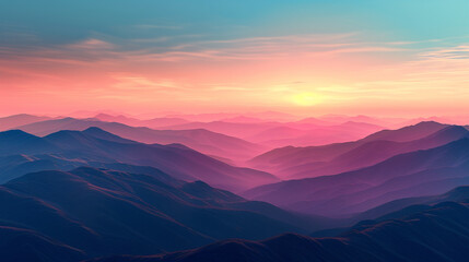 An expansive panorama of rolling hills and jagged mountains silhouetted against a colorful sky as day gives way to night