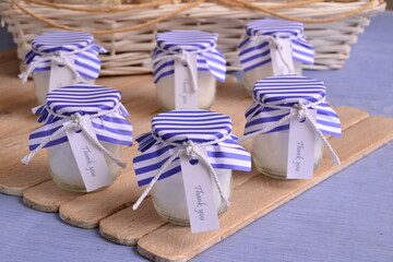 Beach wedding favors glass jar candles festive summer fun party nautical guest gifts with blue...