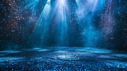 Blue glitter stage with spotlights shining down