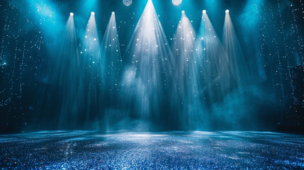 Blue glitter stage with spotlights shining down