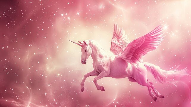 I believe in miracles. Modern inspirational quote with cute unicorn flying. Motivational lettering surrounded by pink star dust.
