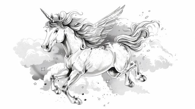 Fly with me. Believe in miracles. Modern magic inspiring quote with unicorn in flight. Motivational black and white lettering.