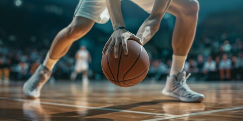 An intense moment on the basketball court as a player deftly dribbles the ball with focused determination
