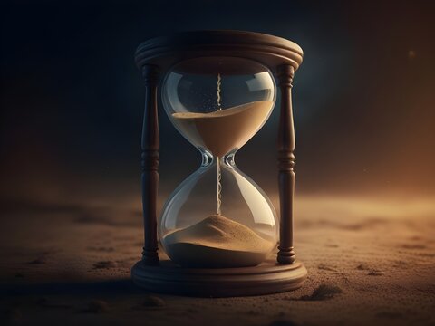 Hourglass, time is running, don't waste time, symbolizes that time passes quickly, universe background
