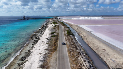 Beachfront Road At Kralendijk In Bonaire Netherlands Antilles. Seascape Landscape. Caribbean Road....