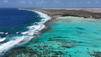 Caribbean Skyline At Kralendijk In Bonaire Netherlands Antilles. Island Beach. Blue Sea Landscape. Kralendijk At Bonaire Netherlands Antilles. Tourism Background. Nature Seascape.