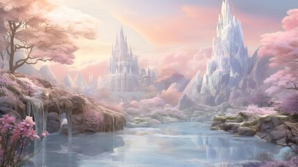 Beautiful fantasy landscape with a river and a temple in the background