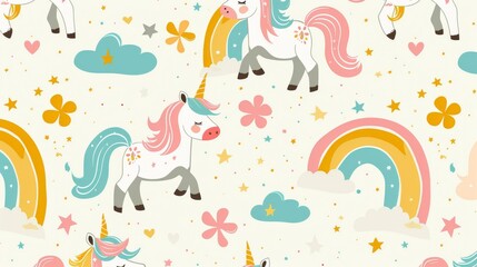 Modern magic background with unicorns, rainbows, clouds, stars, and clover for luck in a very tender and cute style.