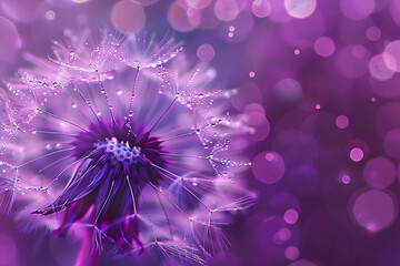 Obraz premium Close-up of a dandelion with water droplets on a purple bokeh background, capturing a dreamy, serene mood. AI