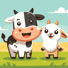 A cartoon of a joyful cow and goat