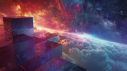 Surreal and futuristic landscape. The foreground features a series of large, reflective, glass-like cubes or prisms stacked in a seemingly gravity-defying manner
