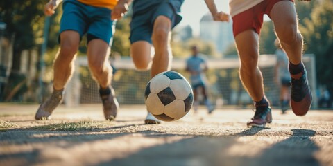Naklejka premium A dynamic photo capturing the intensity and motion of a street soccer game with players fiercely competing for the ball