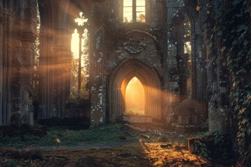 ancient gothic abandoned abbey at sunrise light