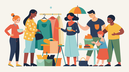 A sense of camaraderie permeates the air at the community clothing swap meet as locals work together to find the perfect item and strike up. Vector illustration