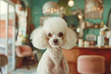 vintage retro turquoise grooming salon with white poodle dog