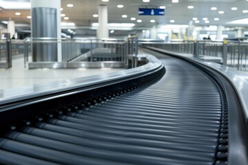 Fototapeta premium The black rubber baggage belt at the airport arrival