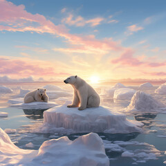 Naklejka premium White polar bear and ice that is partially melted due to global warming.