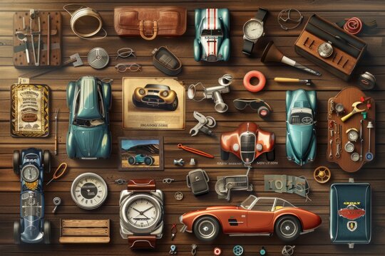 Detailed depiction of car enthusiast culture with a collection of cars, tools, magazines, and trophies.