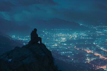 Person sitting on a rock overlooking city at night, urban skyline view, peaceful contemplation, nighttime cityscape, city lights , mysterious backdrops , calm and rest ,get rid of noise city - Powered by Adobe