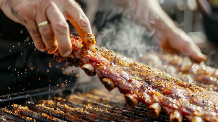Close-up of a chef seasoning pork ribs with a dry rub of herbs and spices, infusing the meat with layers of flavor before slow smoking.