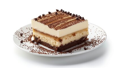Tiramisu cake on isolated white plate