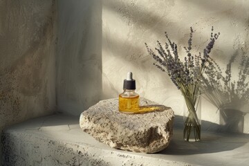 lavender essential oil in bottle with purple flowers at eco farm, product photography