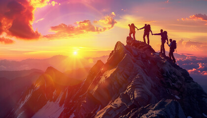 Panoramic view of team of people holding hands and helping each other reach the mountain top in spectacular mountain sunset landscape