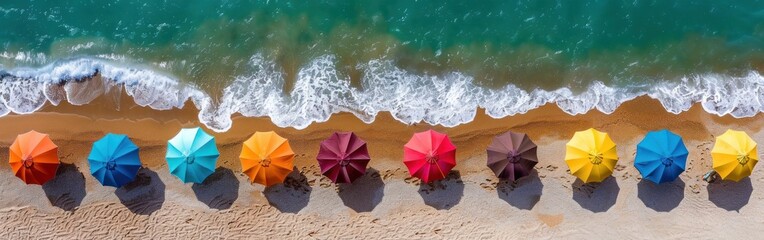 Group of vibrant umbrellas resting on golden sandy beach
