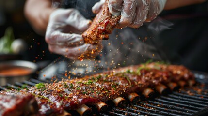 Close-up of a chef seasoning pork ribs with a dry rub of herbs and spices, infusing the meat with layers of flavor before slow smoking.
