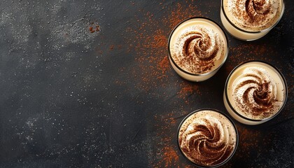 Tiramisu in glass Dark grey backdrop Blank area Overhead shot