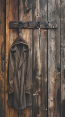 Fototapeta premium A coat hangs gracefully on a weathered wooden door, embodying a vintage and grunge-inspired style