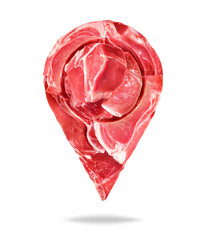 Location symbol made of raw beef meat steaks close up isolated on a white background