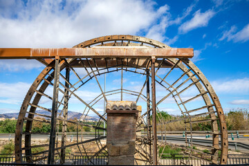 Front view of the irrigation wheel in the town of Lorquí, in the Region of Murcia, Spain, during the day