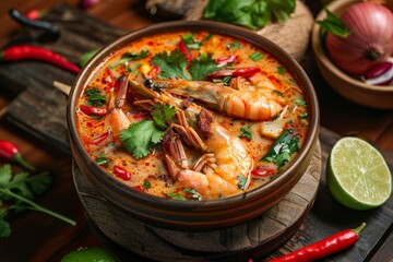 Tom Yam Kung Spicy shrimp soup with coconut milk lime and seafood