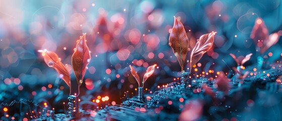A close up of a field of flowers with a blue background