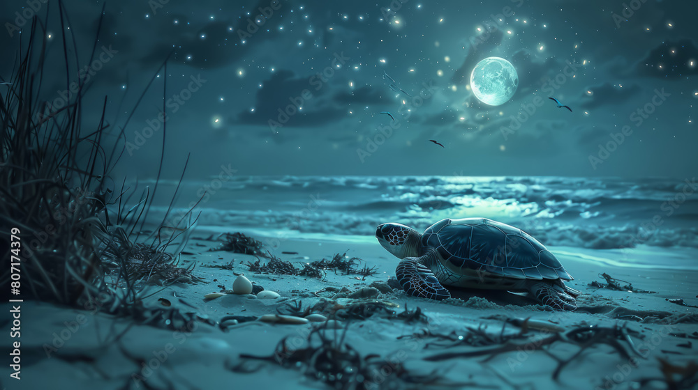 Wall mural a turtle is laying on the beach at night - Wall murals