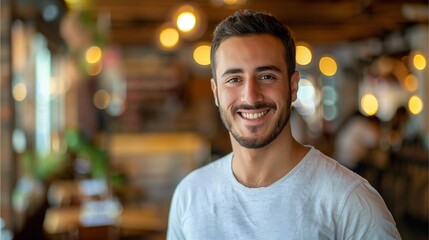 Fototapeta premium A portrait of an attractive young Middle Eastern man with short hair and a beard, smiling warmly at the camera in his restaurant The background is blurred,Generative AI illustration.