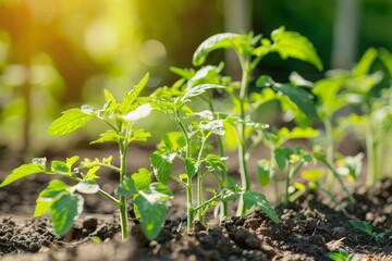 Obraz premium Tomato seedlings in open ground with shallow depth of field green bush in sunny garden