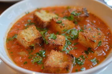Tomato soup with croutons and parsley