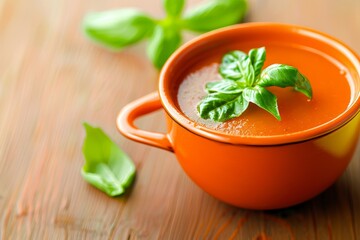 Tomato soup with fresh basil in orange bowl against bright background Healthy food concept with space to write