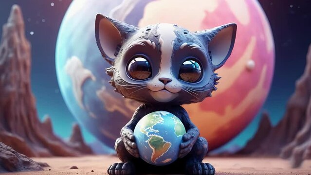 A lonely cute alien animal, similar to a cat, holds the planet in its paws. looped video