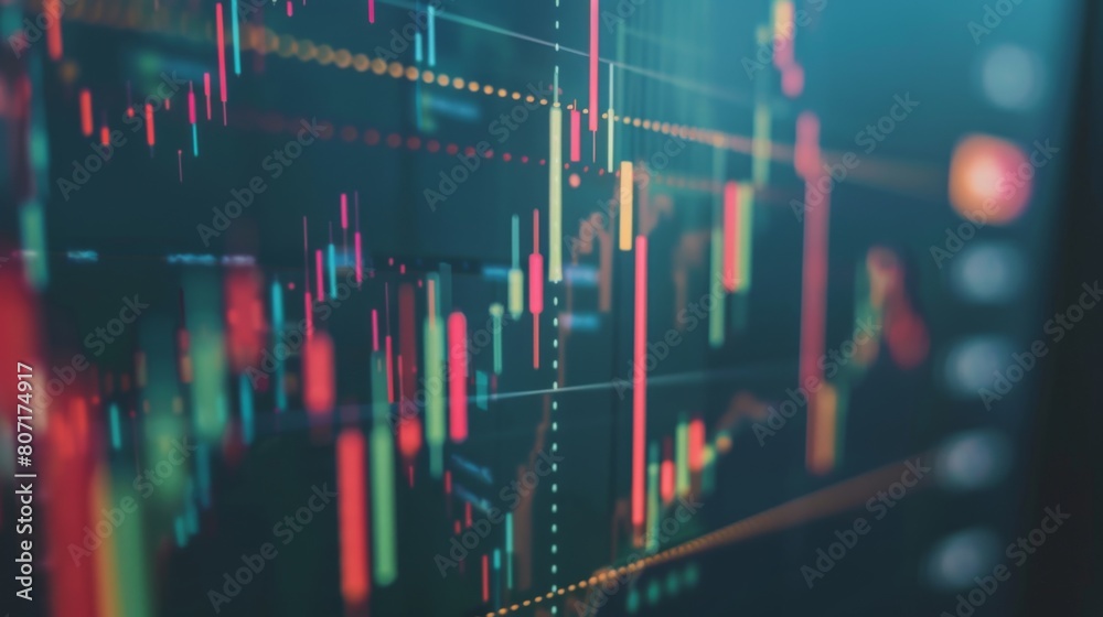 Leinwandbilder Close-up of a computer screen displaying a candlestick chart with gold price movements and technical indicators, representing trading analysis.