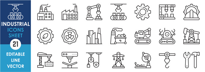 Icons set with industrial equipments and machinery. Line icons set with machines. Outline style icons sheet.