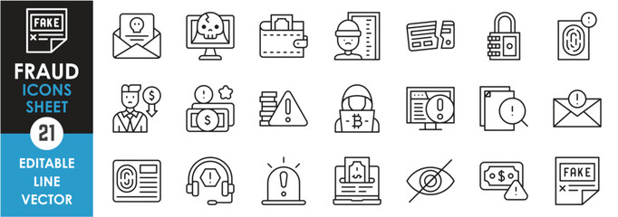 Linear icons set related to fraud, crime, theft, loot, and so on. Outline icons set related to corruption.