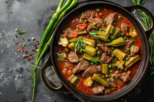 Top down view of homemade meat and okra stew in a pot with space for writing