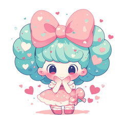 Cute cartoon girl in a pink dress with a big bow.
